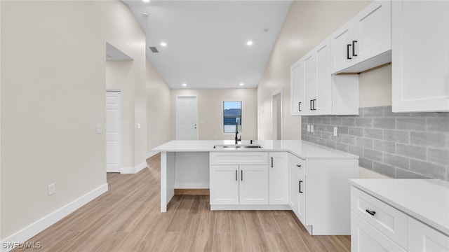 kitchen with white cabinetry, sink, tasteful backsplash, and kitchen peninsula