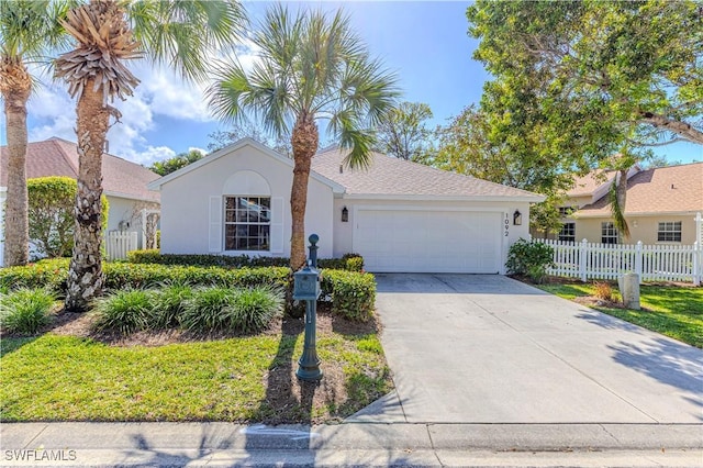 ranch-style home featuring stucco siding, driveway, an attached garage, and fence