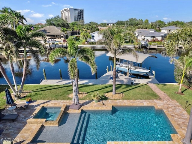 view of dock featuring a swimming pool with hot tub, a lawn, and a water view