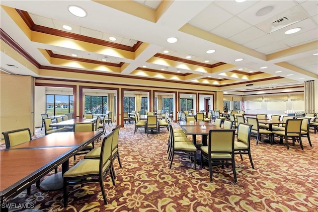 carpeted dining area with crown molding, coffered ceiling, beam ceiling, and french doors