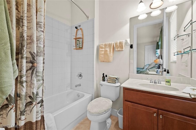 bathroom featuring shower / bath combination with curtain, vanity, and toilet