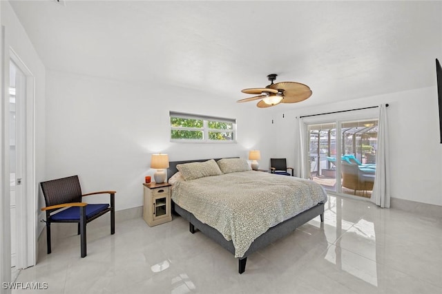 bedroom featuring access to outside, baseboards, and a ceiling fan