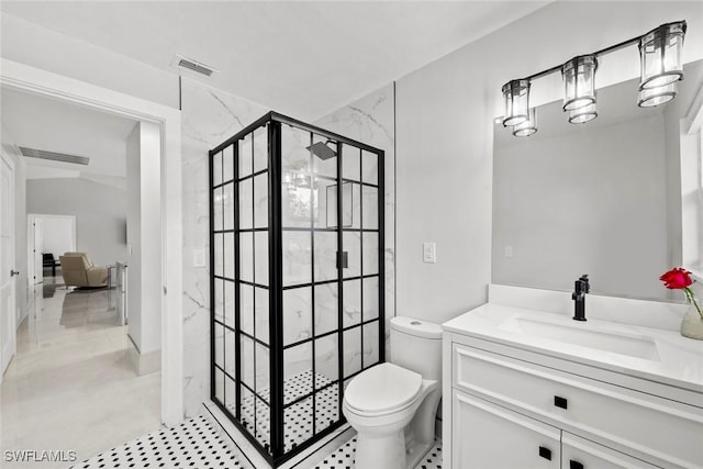 full bathroom featuring a stall shower, visible vents, vanity, and toilet