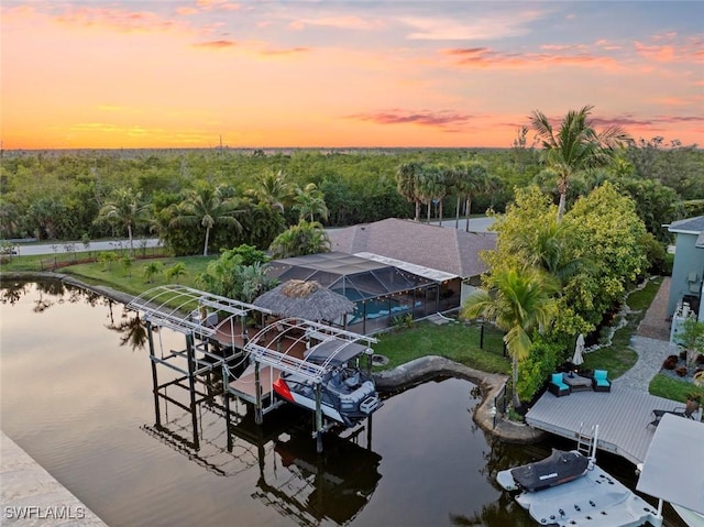 bird's eye view with a water view