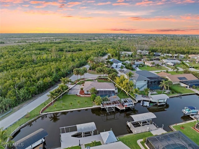 bird's eye view with a water view and a wooded view