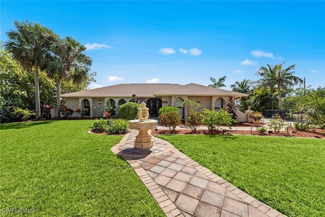 ranch-style home featuring a front lawn and stucco siding