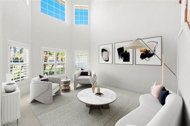 living area featuring a high ceiling