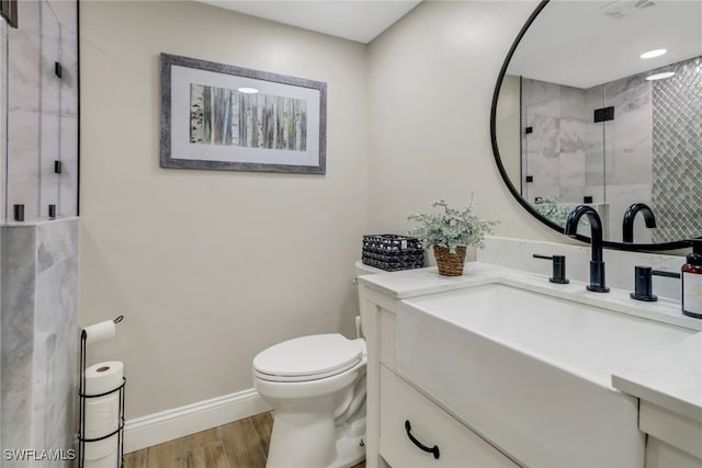 bathroom featuring vanity, wood-type flooring, and toilet