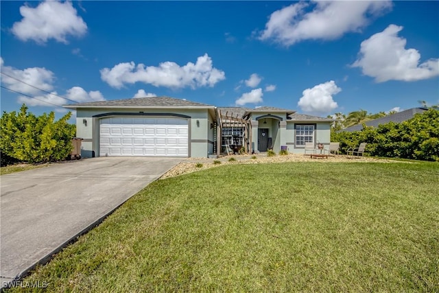 ranch-style home featuring a garage and a front lawn