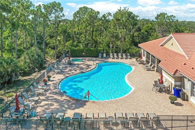 view of swimming pool featuring area for grilling and a patio area