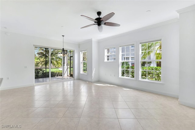 unfurnished room featuring light tile patterned flooring, ceiling fan with notable chandelier, and crown molding