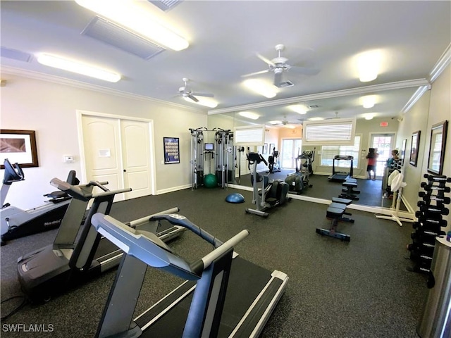 exercise room featuring ornamental molding and ceiling fan