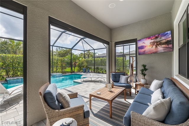 sunroom featuring a pool