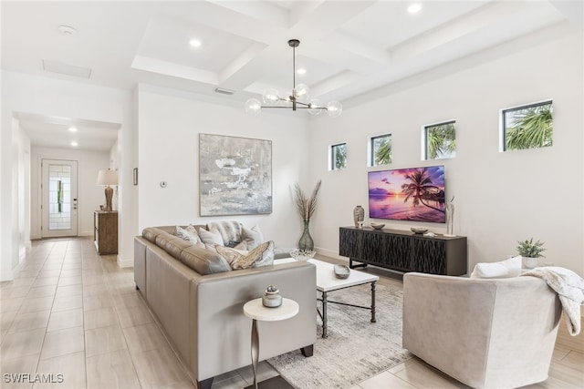 living room featuring an inviting chandelier, coffered ceiling, beam ceiling, and light tile patterned floors