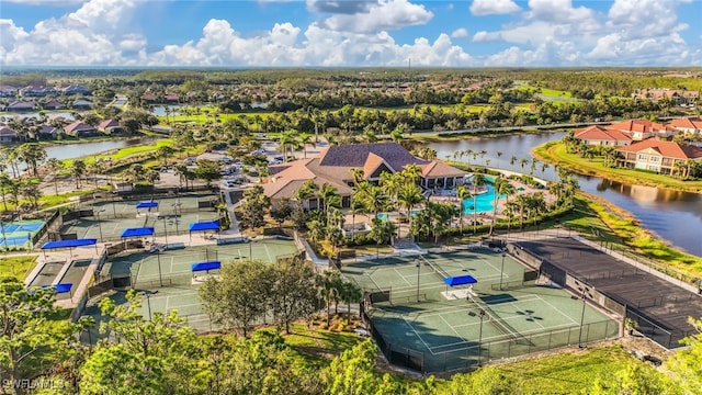 drone / aerial view with a water view