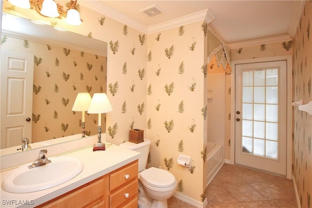 full bathroom with bathing tub / shower combination, vanity, ornamental molding, tile patterned floors, and toilet