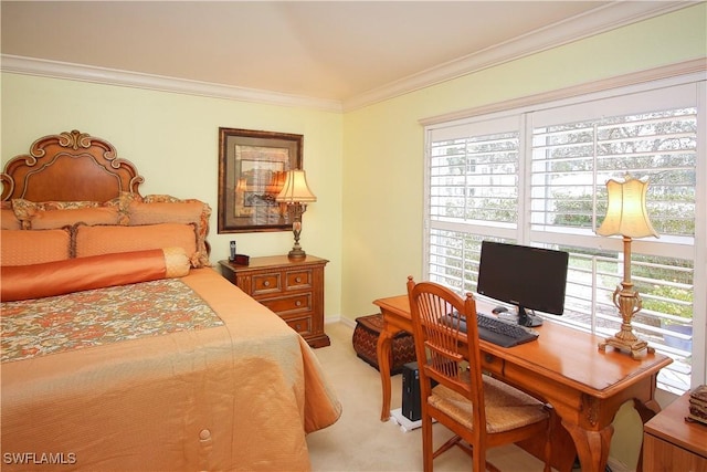 bedroom featuring crown molding and light carpet