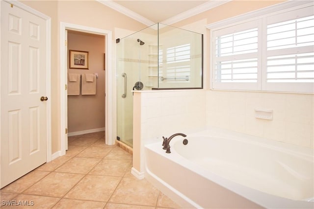 bathroom with crown molding, tile patterned floors, and shower with separate bathtub