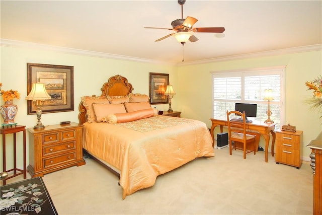 bedroom with crown molding, ceiling fan, and light carpet