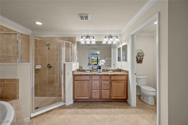 bathroom with double vanity, a stall shower, crown molding, and a sink