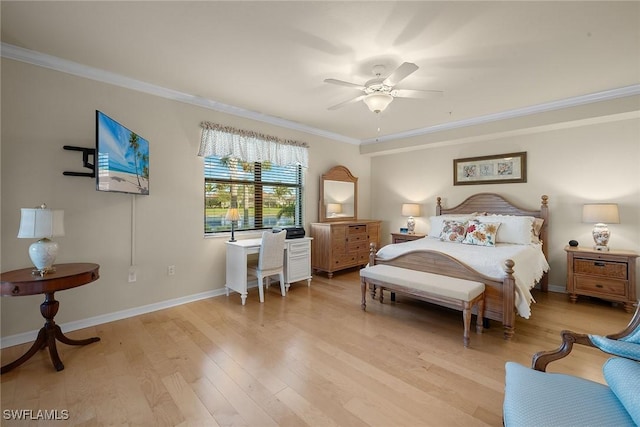 bedroom featuring light wood-style floors, ceiling fan, baseboards, and crown molding