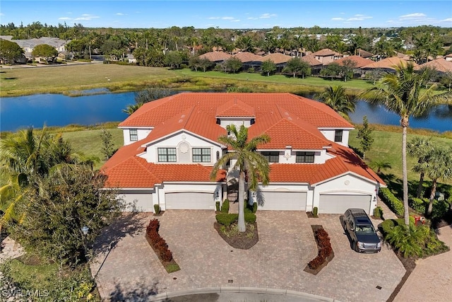 aerial view featuring a water view