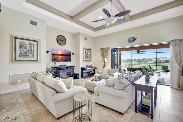 living room featuring light tile patterned floors, a high ceiling, coffered ceiling, and beamed ceiling