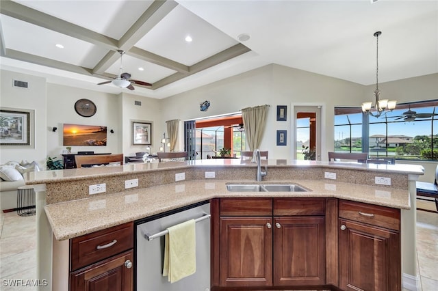 kitchen featuring ceiling fan with notable chandelier, coffered ceiling, sink, and stainless steel dishwasher