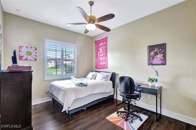 bedroom featuring ceiling fan and dark wood-type flooring