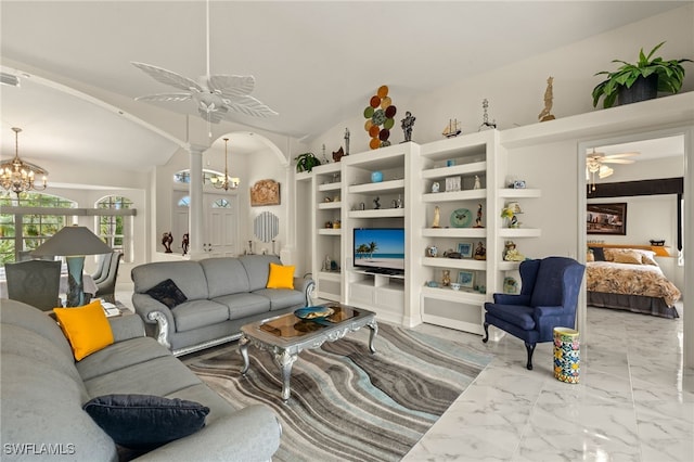 living area with arched walkways, marble finish floor, visible vents, vaulted ceiling, and ceiling fan with notable chandelier