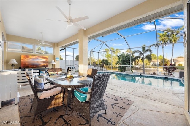 exterior space featuring ceiling fan