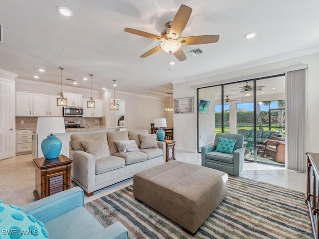 tiled living room with crown molding