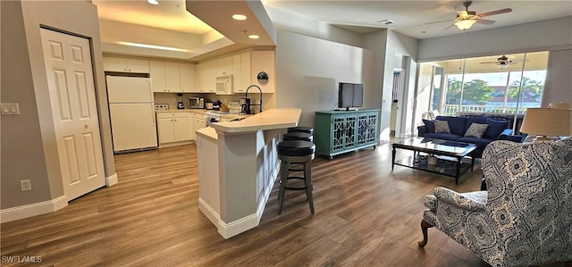 23861 Costa Del Sol Rd Unit 203, Estero, FL 34135 - kitchen featuring white appliances, open floor plan, baseboards, ceiling fan, and a peninsula