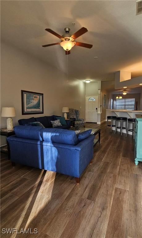 23861 Costa Del Sol Rd Unit 203, Estero, FL 34135 - living area featuring dark wood-type flooring and a ceiling fan