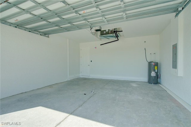 garage with electric panel and water heater