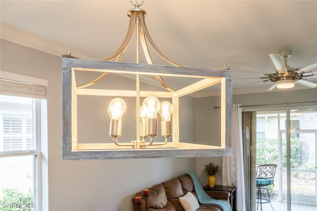 details with crown molding and ceiling fan