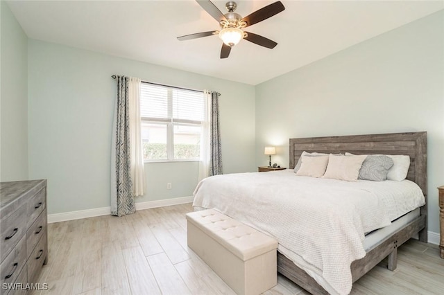 bedroom with light wood-type flooring and ceiling fan