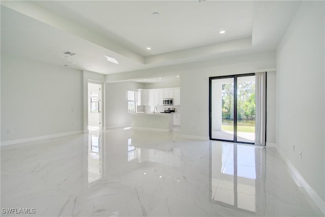 empty room featuring sink and a raised ceiling