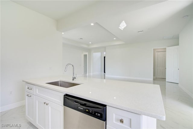 kitchen with sink, light stone counters, a center island with sink, dishwasher, and white cabinets