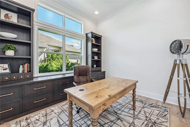 office space with ornamental molding, plenty of natural light, light wood-style floors, and baseboards