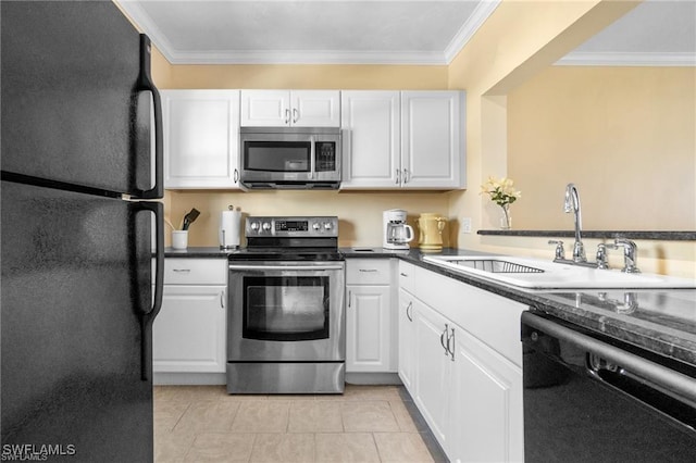 kitchen with white cabinetry, sink, crown molding, and black appliances