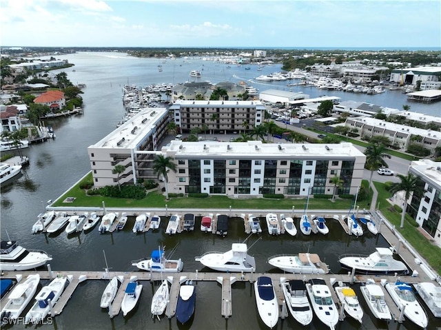 drone / aerial view featuring a water view