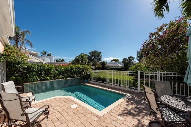 view of swimming pool with a fenced in pool, a fenced backyard, and a patio area