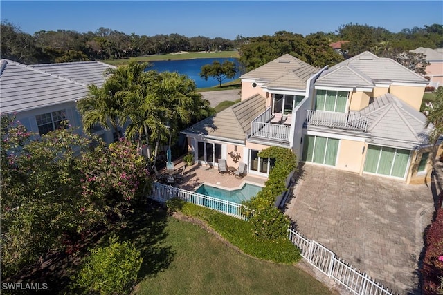 aerial view featuring a water view