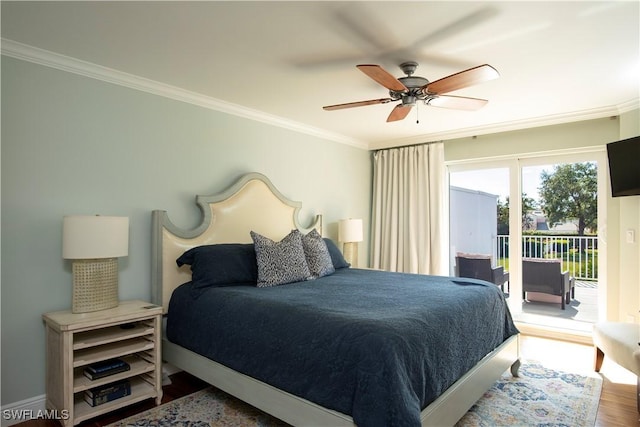 bedroom with ornamental molding, a ceiling fan, wood finished floors, access to outside, and baseboards