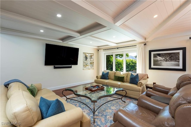 living area with baseboards, wood finished floors, beamed ceiling, and recessed lighting