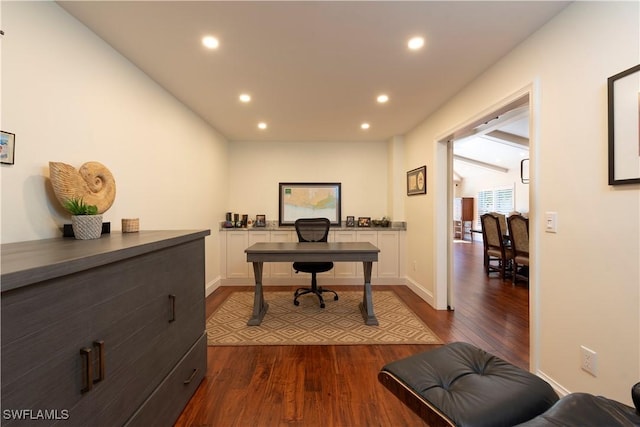 office featuring recessed lighting, baseboards, and dark wood finished floors