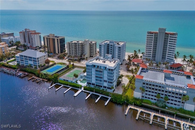 aerial view featuring a water view