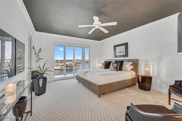 carpeted bedroom featuring crown molding, a water view, access to outside, and ceiling fan