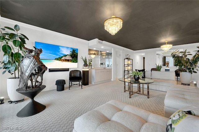 carpeted living room with an inviting chandelier